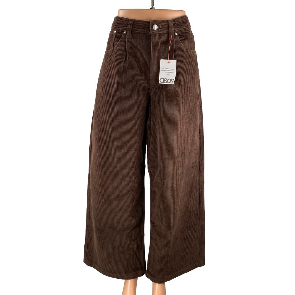 NEW ASOS Women's Brown Corduroy High Rise Wide Leg Baggy Trousers Pants Size 32